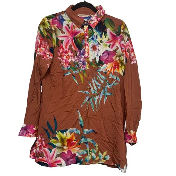 Soft Surroundings Floral Tunic Top Medium Brown Multicolor Button Front Blouse - Picture 1 of 5